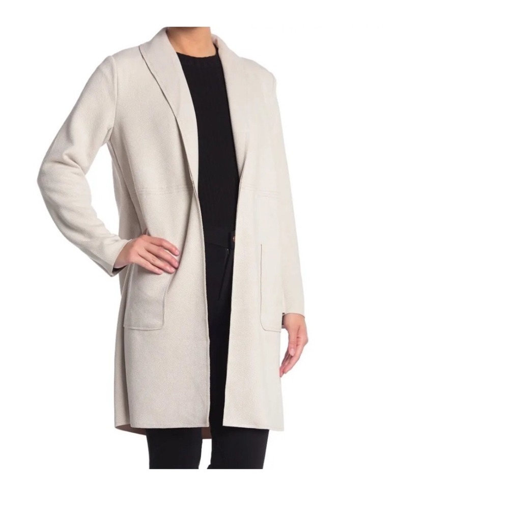 New! Joan Vass Faux Leather Open Front Drape Collar Coat L‎